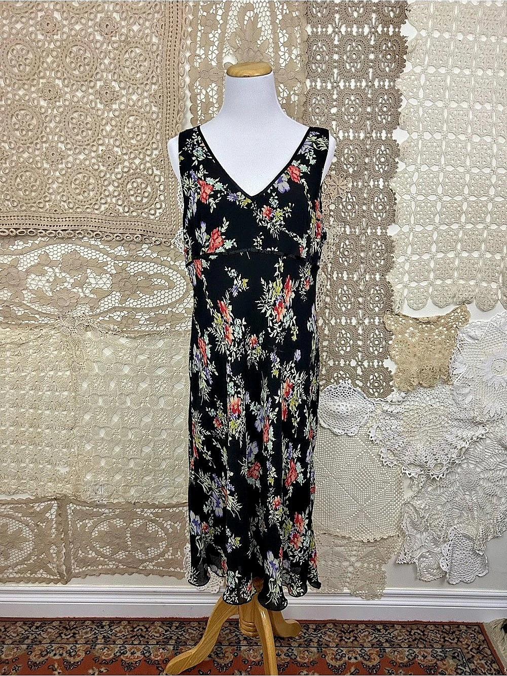 Vintage 90s Jane Alexander Floral Midi Dress Black & Multicolor